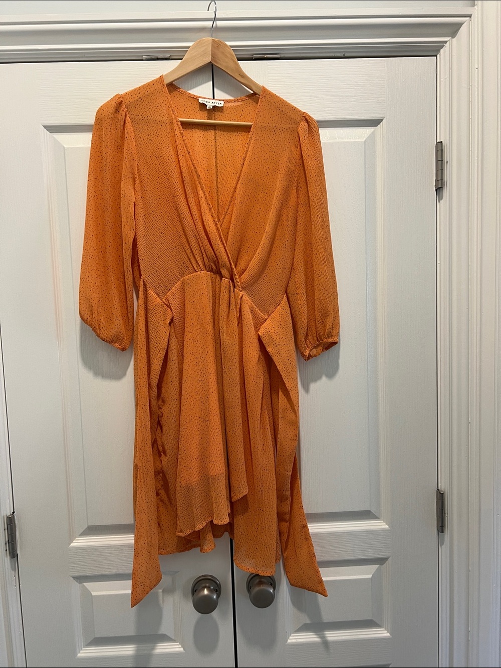 Moon River Orange Asymmetrical Wrap Dress with Puff Sleeves